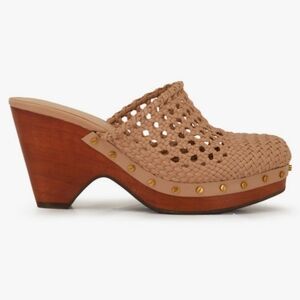 Veronica Beard Tan Woven Leather Mules with Wooden Heel